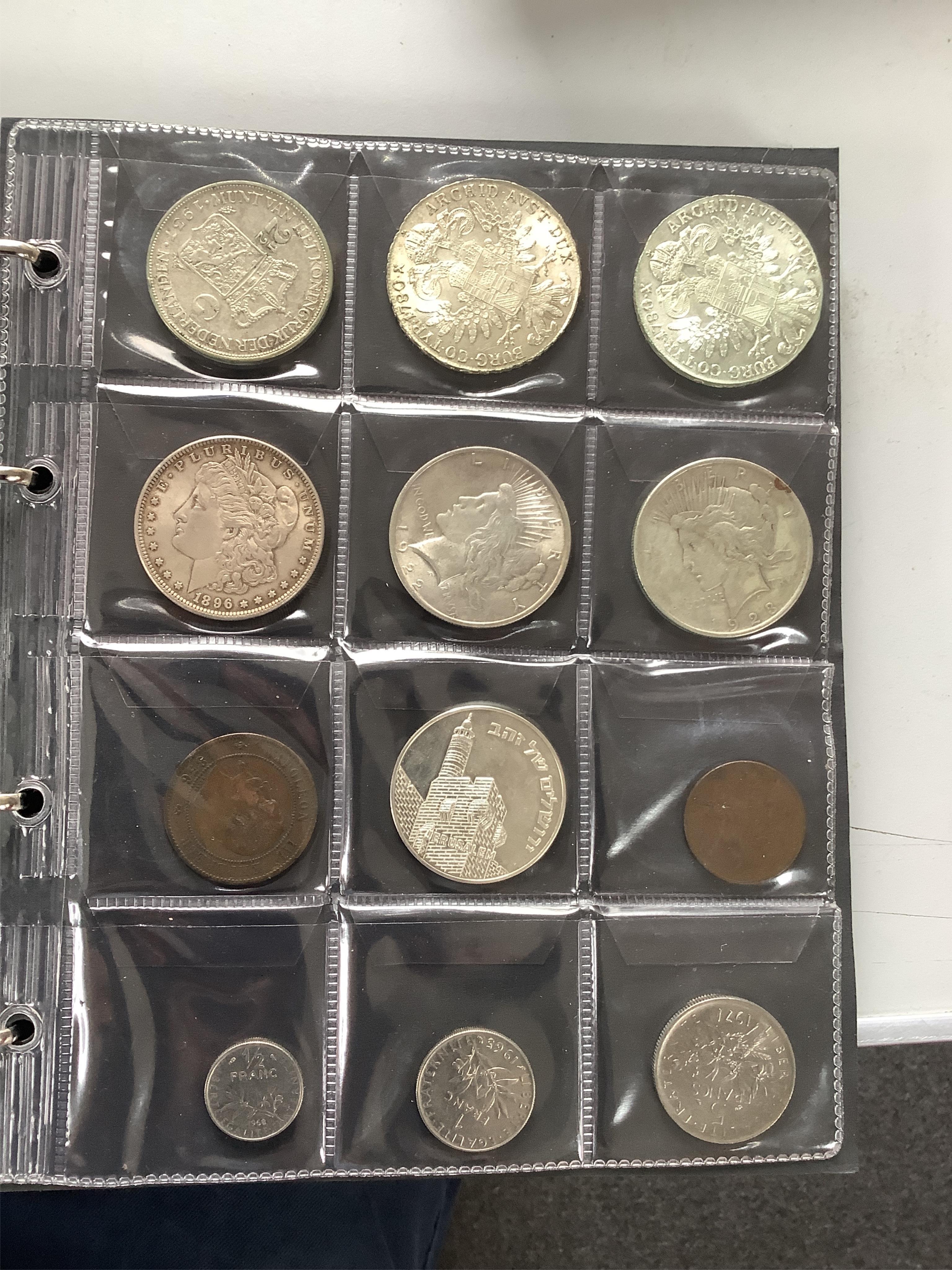 German, Austrian and World coins, in 3 albums, highlights include-, Austria, 17th-20th century; Maria Theresa half Thaler 1759, cleaned otherwise VF, various 1920s-1930s commemorative two shillings, VF or better, France,